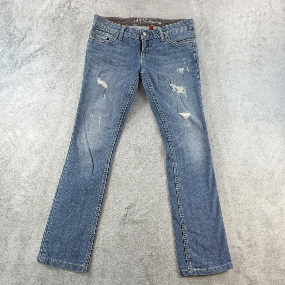 GUESS Foxy Jeans Womens 27 Straight Leg Low Rise Distressed Y2K Blue Denim